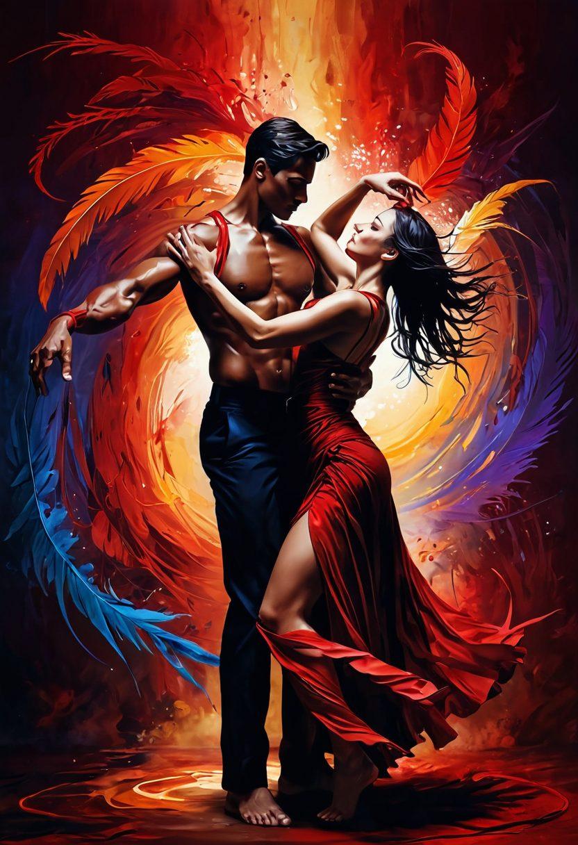 An abstract representation of a couple engaged in a dance, embodying the dynamics of dominance and submission, surrounded by swirling colors of deep red and soft bondage elements like ropes and feathers. Include sensory symbols like blindfolds and tantalizing textures to illustrate sensation play. The background should convey a sense of intimacy and fluid movement, evoking mystery and allure. digital painting. vibrant colors. atmospheric.